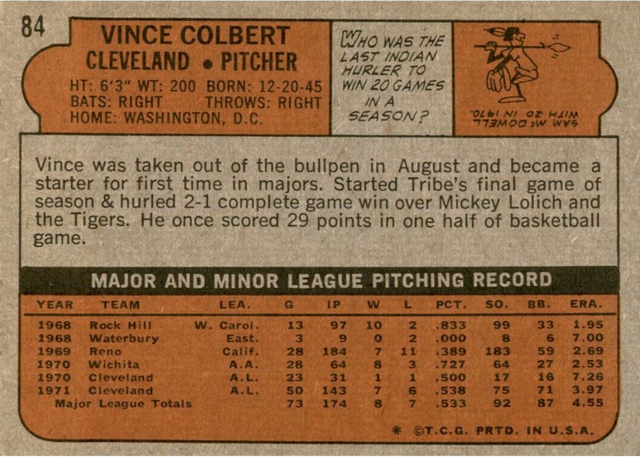 1972 Topps #84 Vince Colbert card back