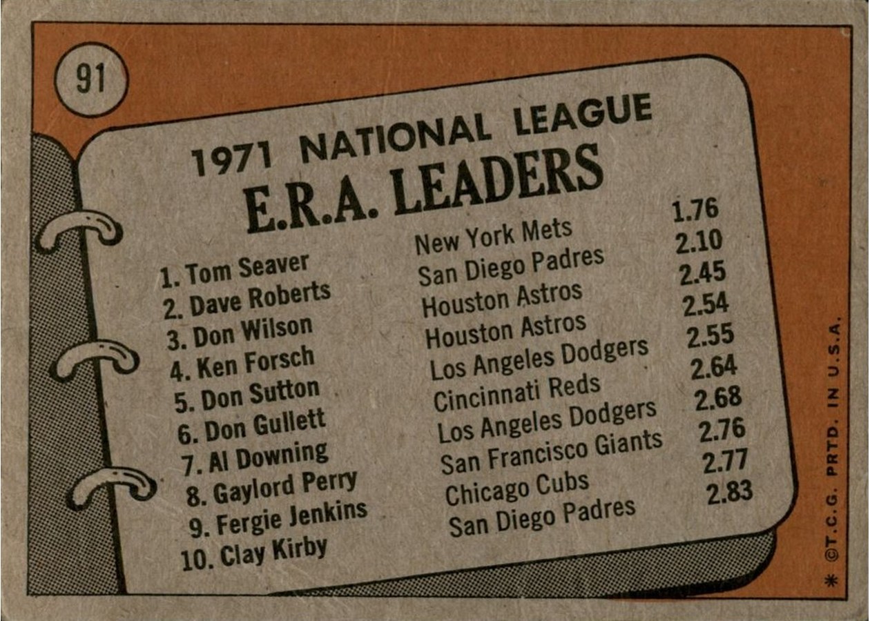 1972 Topps #91 1971 N.L. E.R.A. Leaders card back