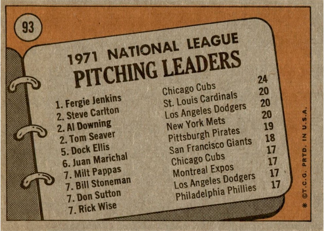 1972 Topps #93 1971 N.L. Pitching Leaders card back