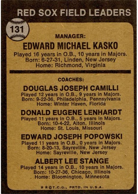 1973 Topps #131 Red Sox Field Leaders - 131b - Ear Visible (back)