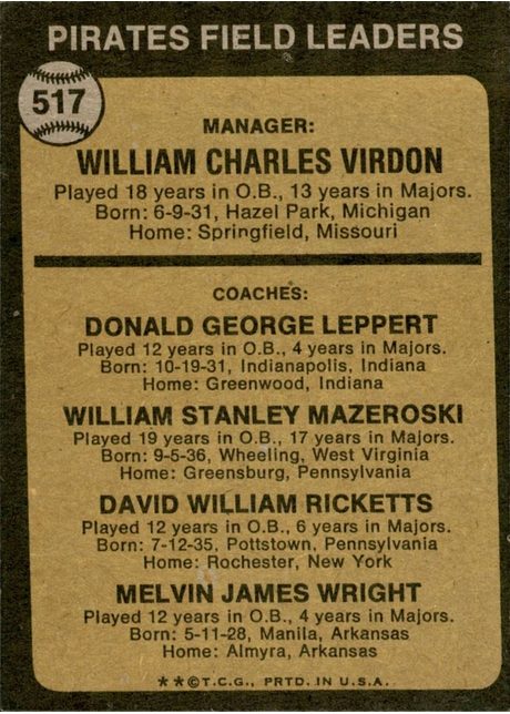 1973 Topps #517 Pirates Field Leaders - 517b - Ear Visible (back)