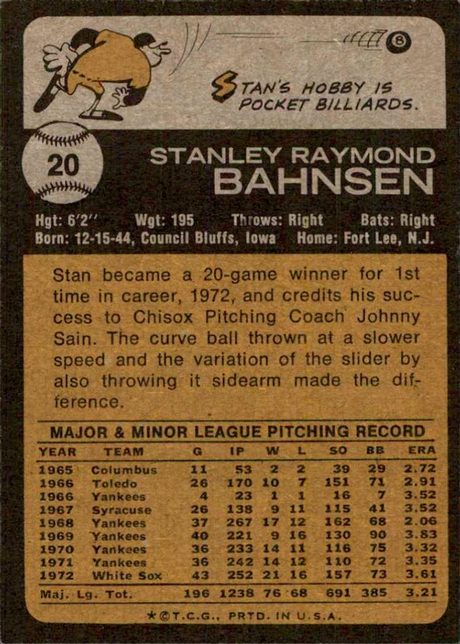 1973 Topps #20 Stan Bahnsen - 20b - No Gap In Border (back)