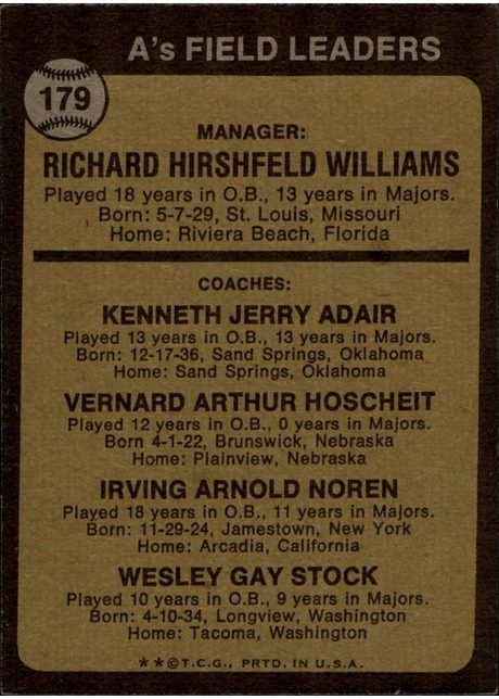 1973 Topps #179 A's Field Leaders - 179b - Orange Background (Ears Visible) (back)