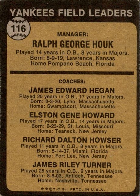 1973 Topps #116 Yankees Field Leaders - 116b - Orange Background (Trees Visible) (back)