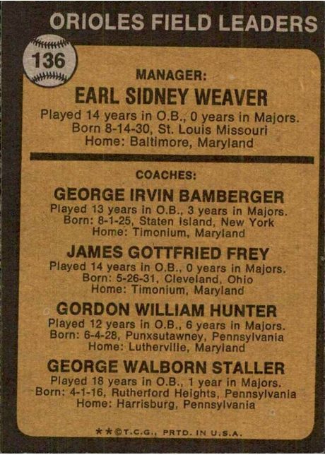 1973 Topps #136 Orioles Field Leaders - 136b - Orange Background (back)