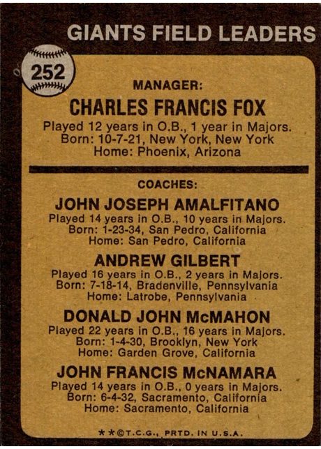 1973 Topps #252 Giants Field Leaders - 252b - Orange Background (back)