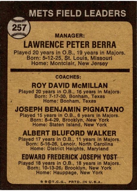 1973 Topps #257 Mets Field Leaders - 257b - Pale Brown Background (back)