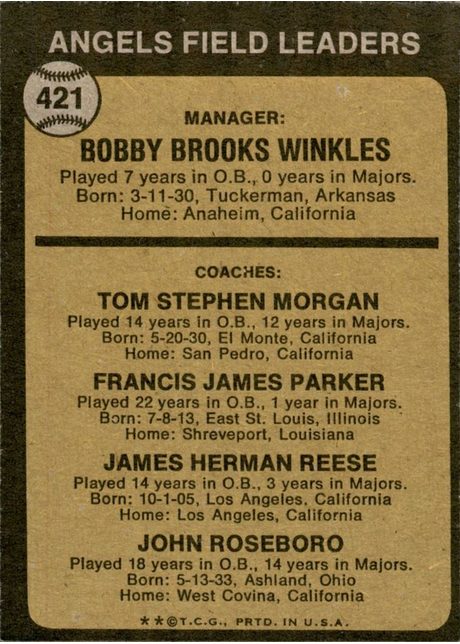 1973 Topps #421 Angels Field Leaders - 421b - Pale Brown Background (back)