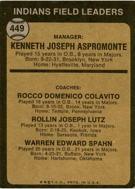 1973 Topps #449 Indians Field Leaders - 449b - Round Ear (back)