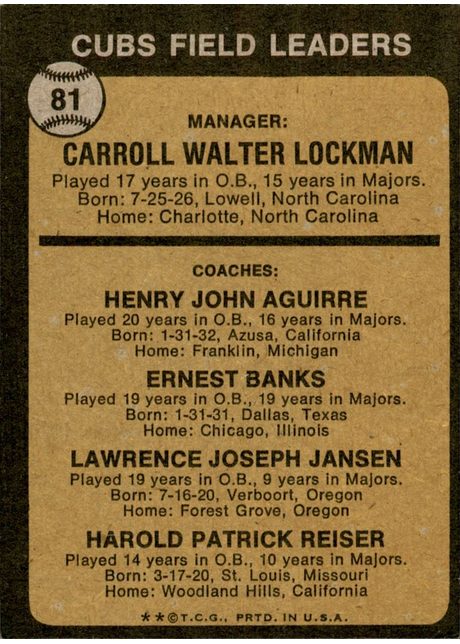 1973 Topps #81 Cubs Field Leaders - 81b - Solid Orange Background (back)