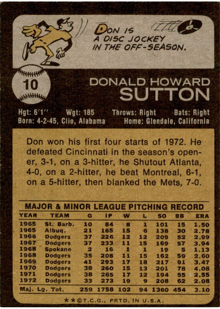 1973 Topps #10 Don Sutton card back