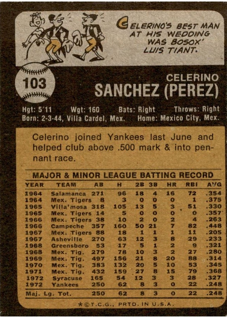 1973 Topps #103 Celerino Sanchez card back