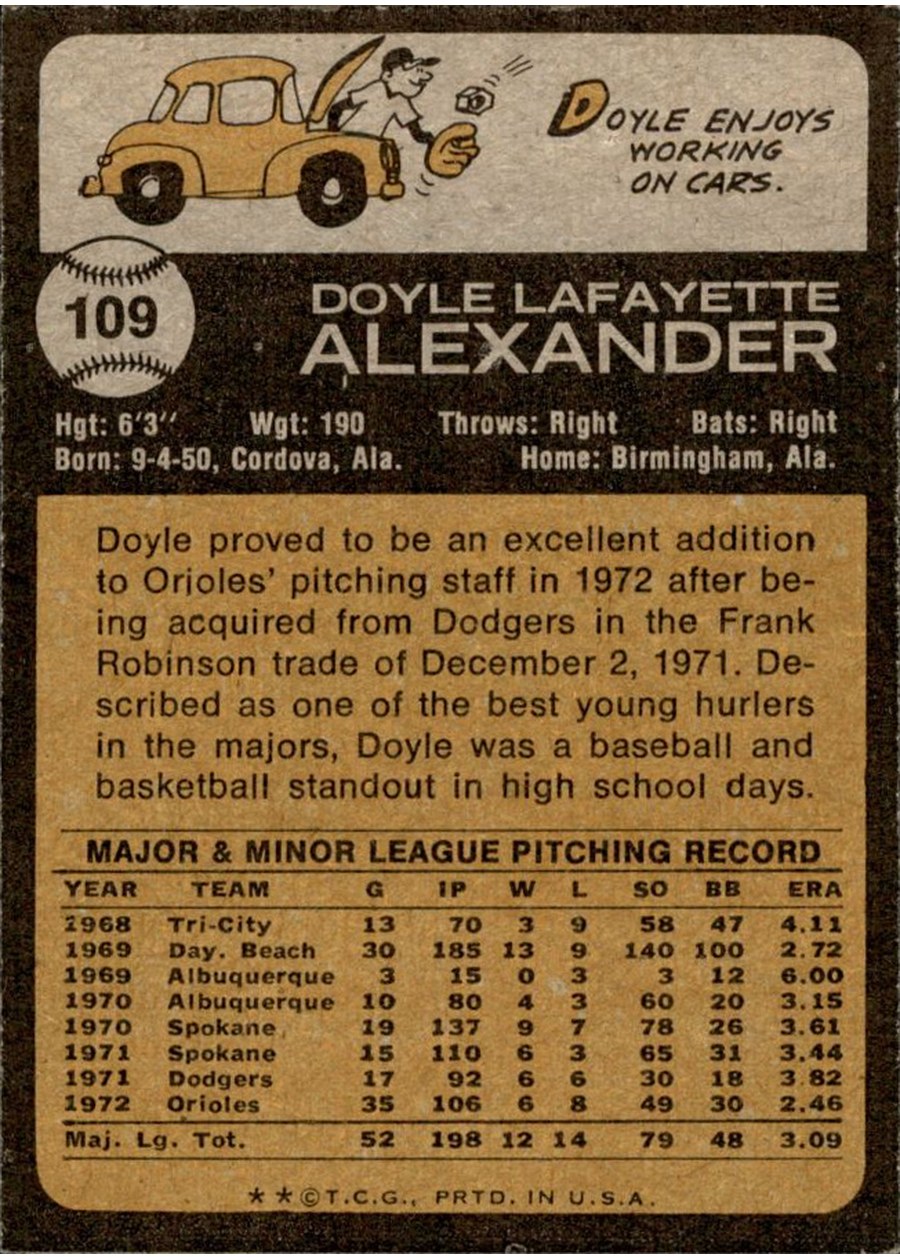 1973 Topps #109 Doyle Alexander card back