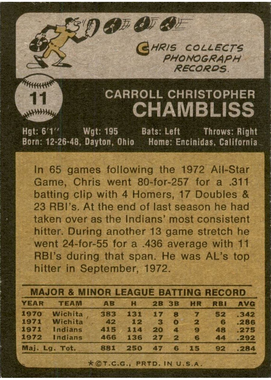 1973 Topps #11 Chris Chambliss card back