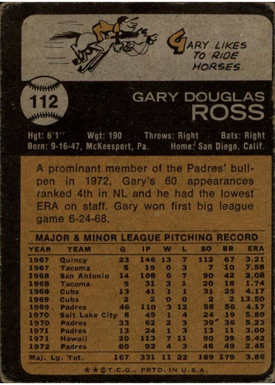1973 Topps #112 Gary Ross card back