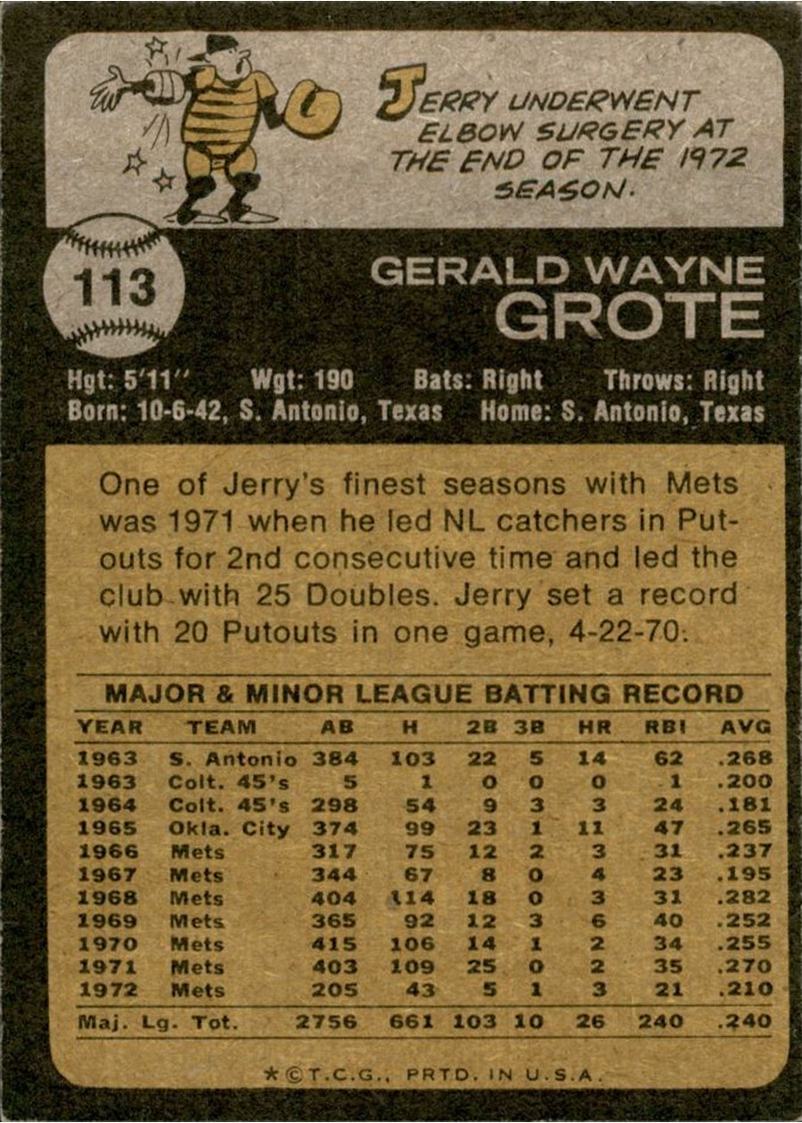 1973 Topps #113 Jerry Grote card back
