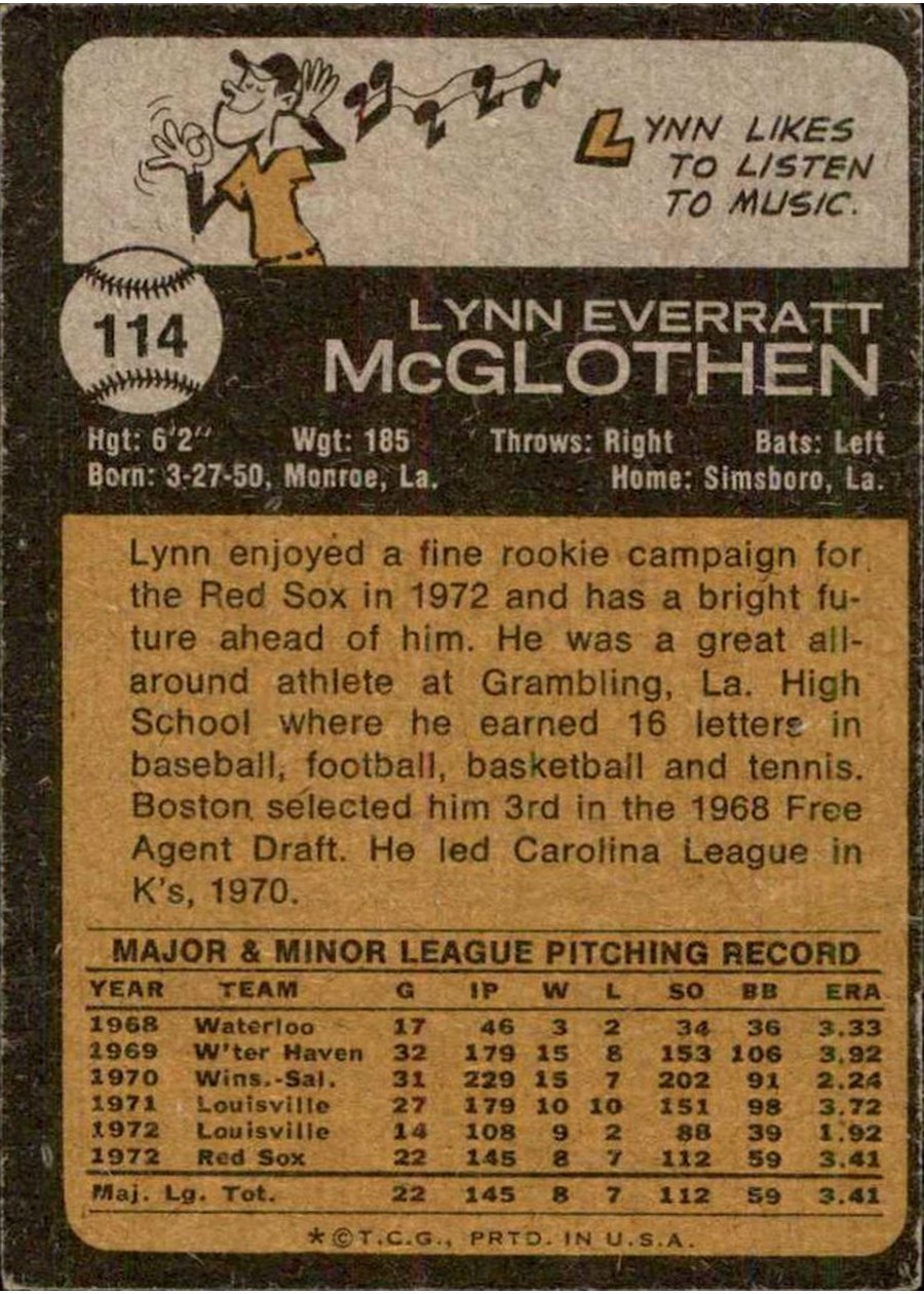 1973 Topps #114 Lynn McGlothen card back