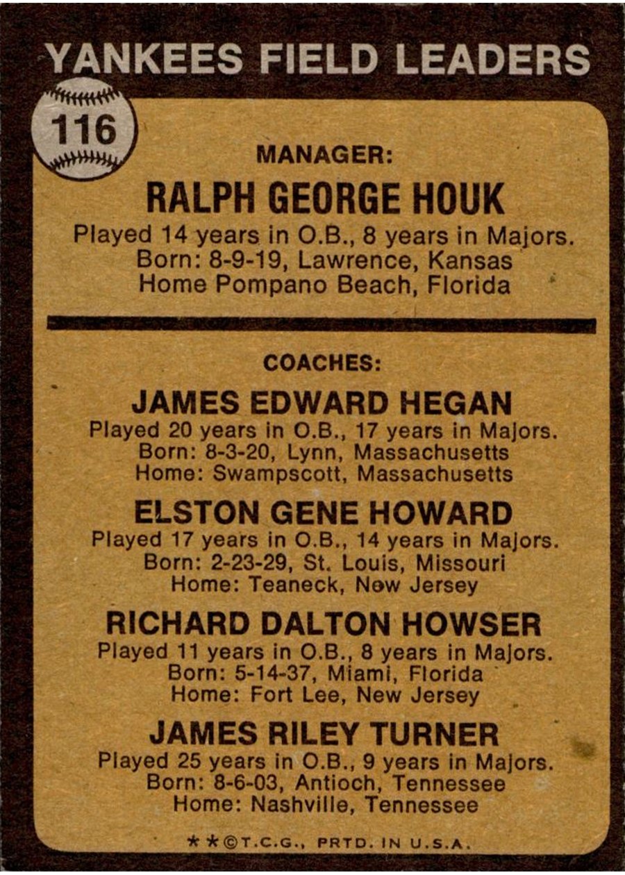 1973 Topps #116 Yankees Field Leaders card back