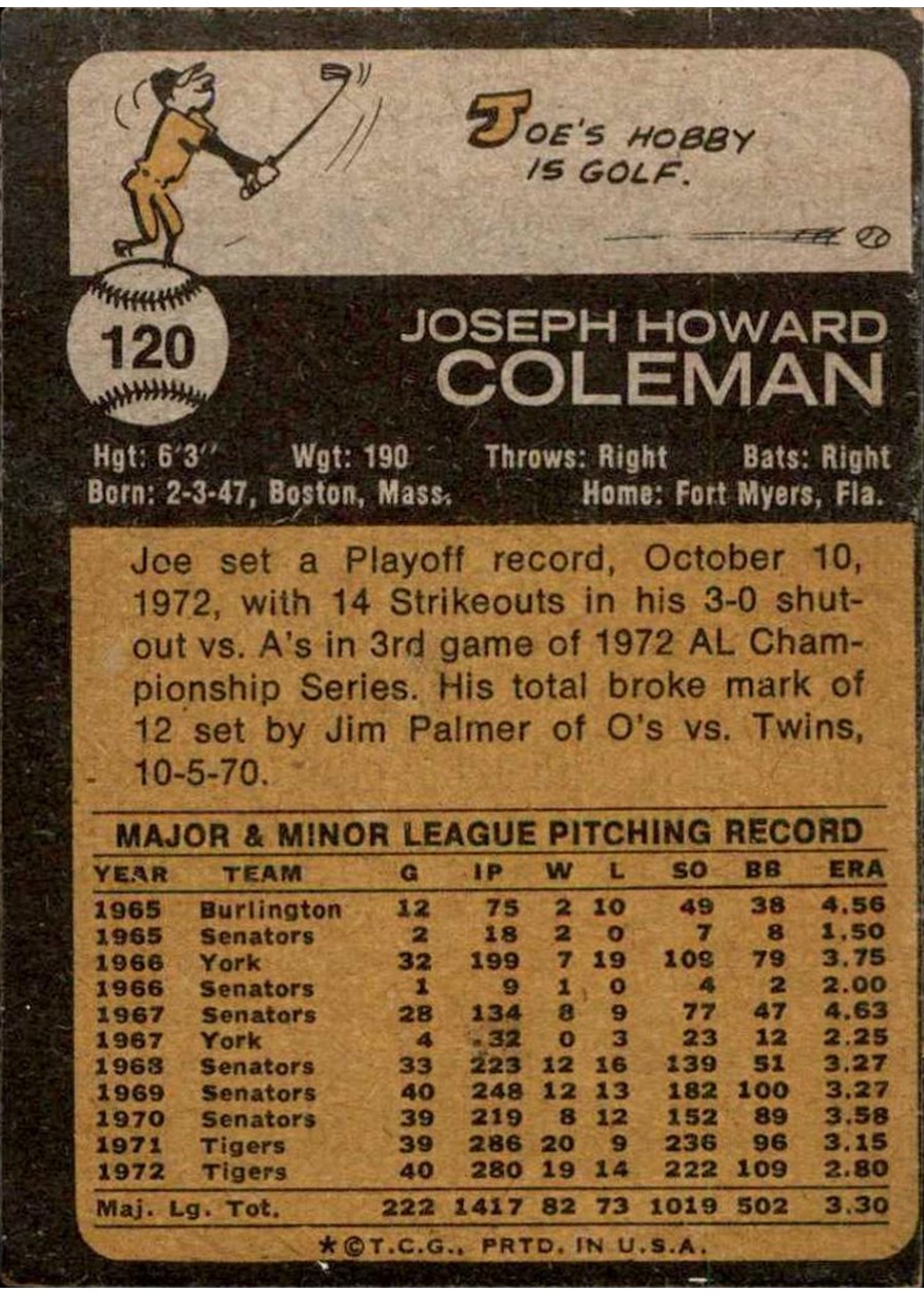 1973 Topps #120 Joe Coleman card back