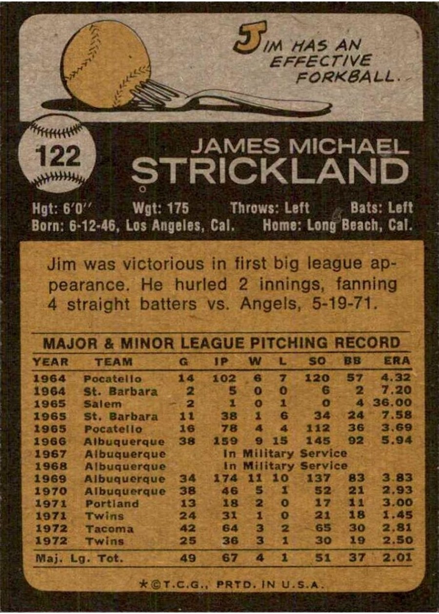 1973 Topps #122 Jim Strickland card back