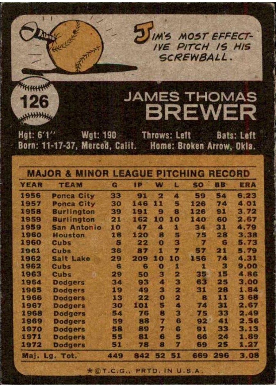 1973 Topps #126 Jim Brewer card back