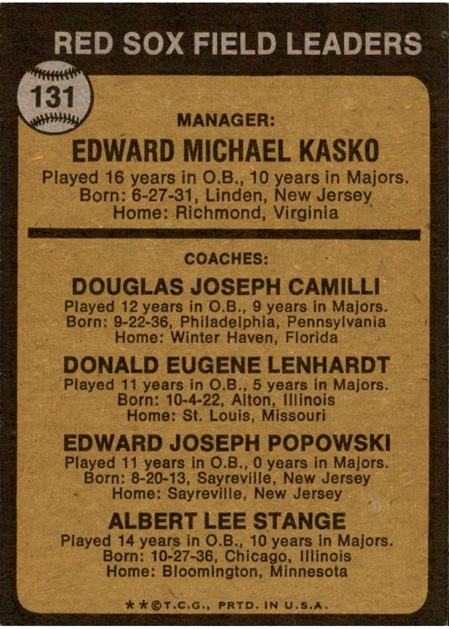 1973 Topps #131 Red Sox Field Leaders card back