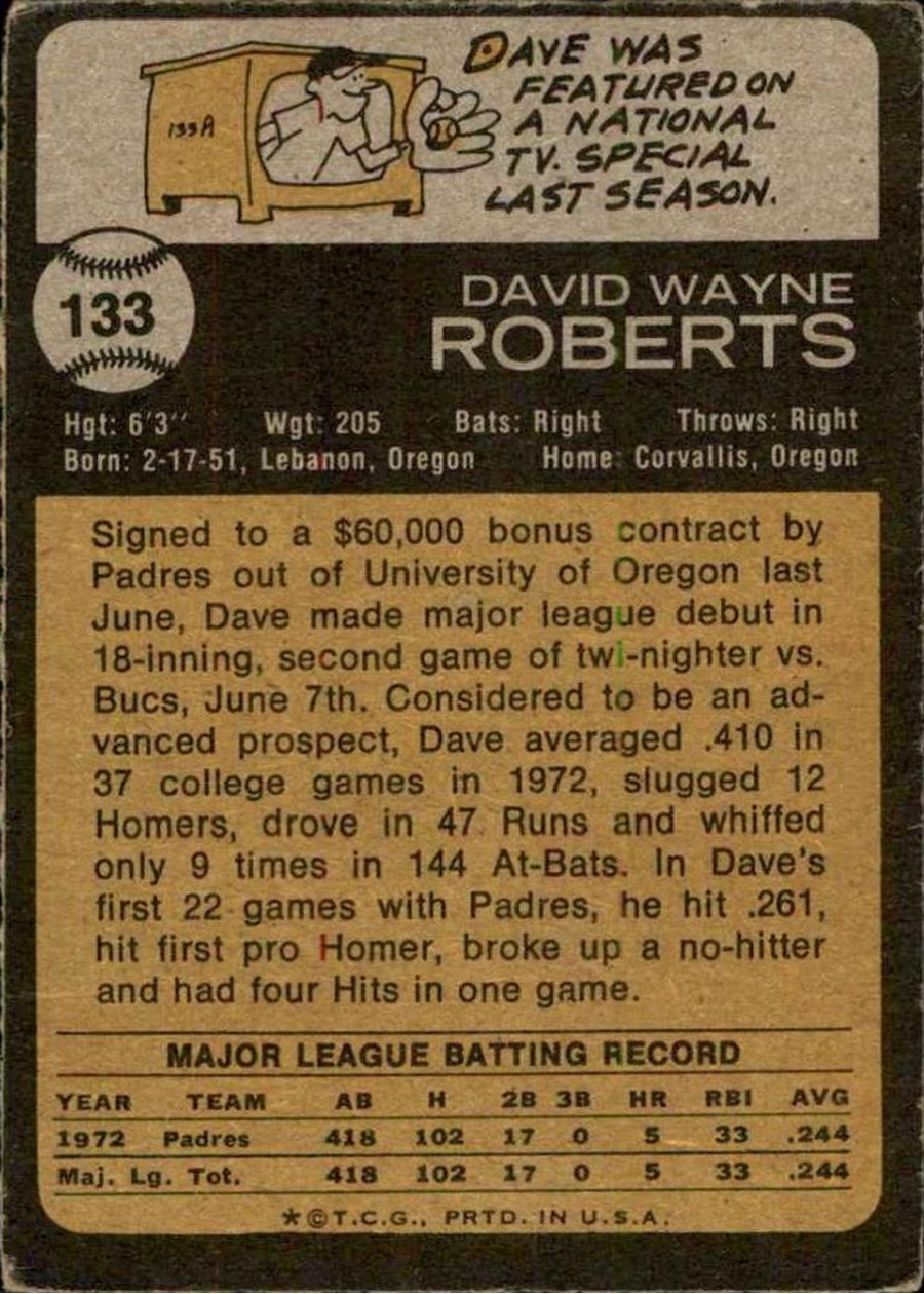 1973 Topps #133 Dave Roberts card back