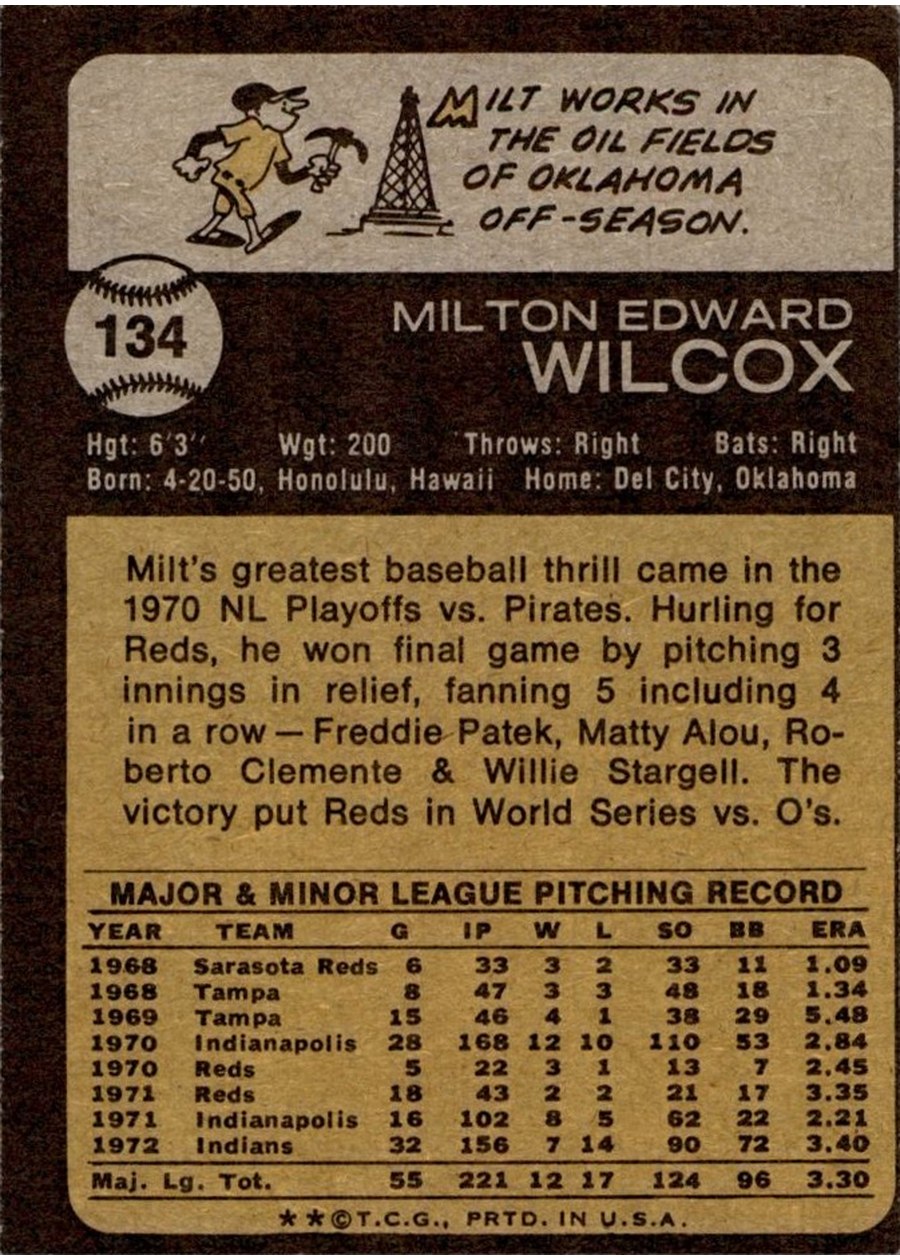 1973 Topps #134 Milt Wilcox card back