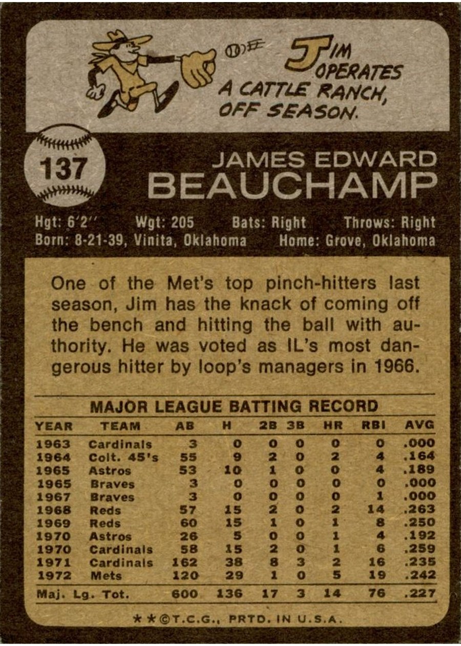 1973 Topps #137 Jim Beauchamp card back