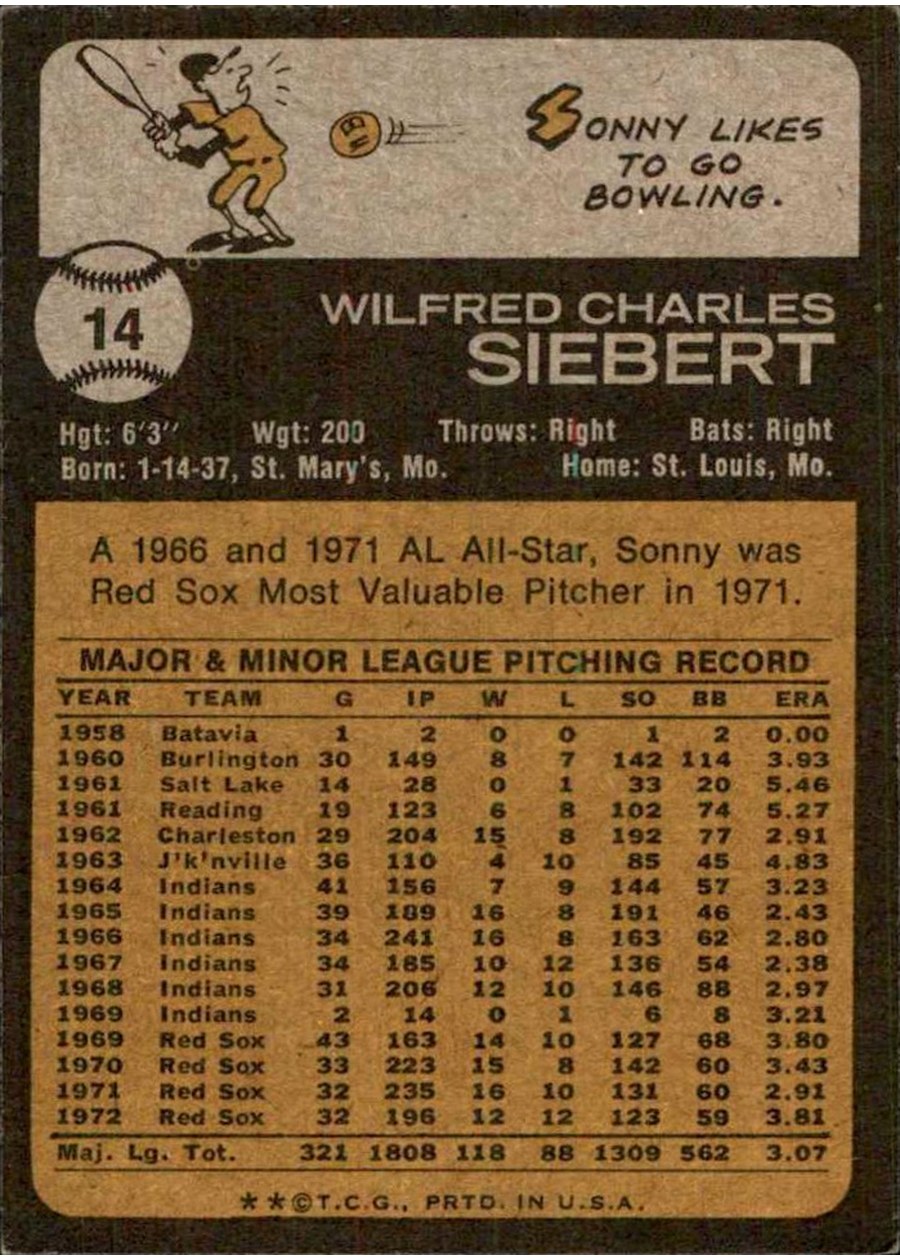 1973 Topps #14 Sonny Siebert card back