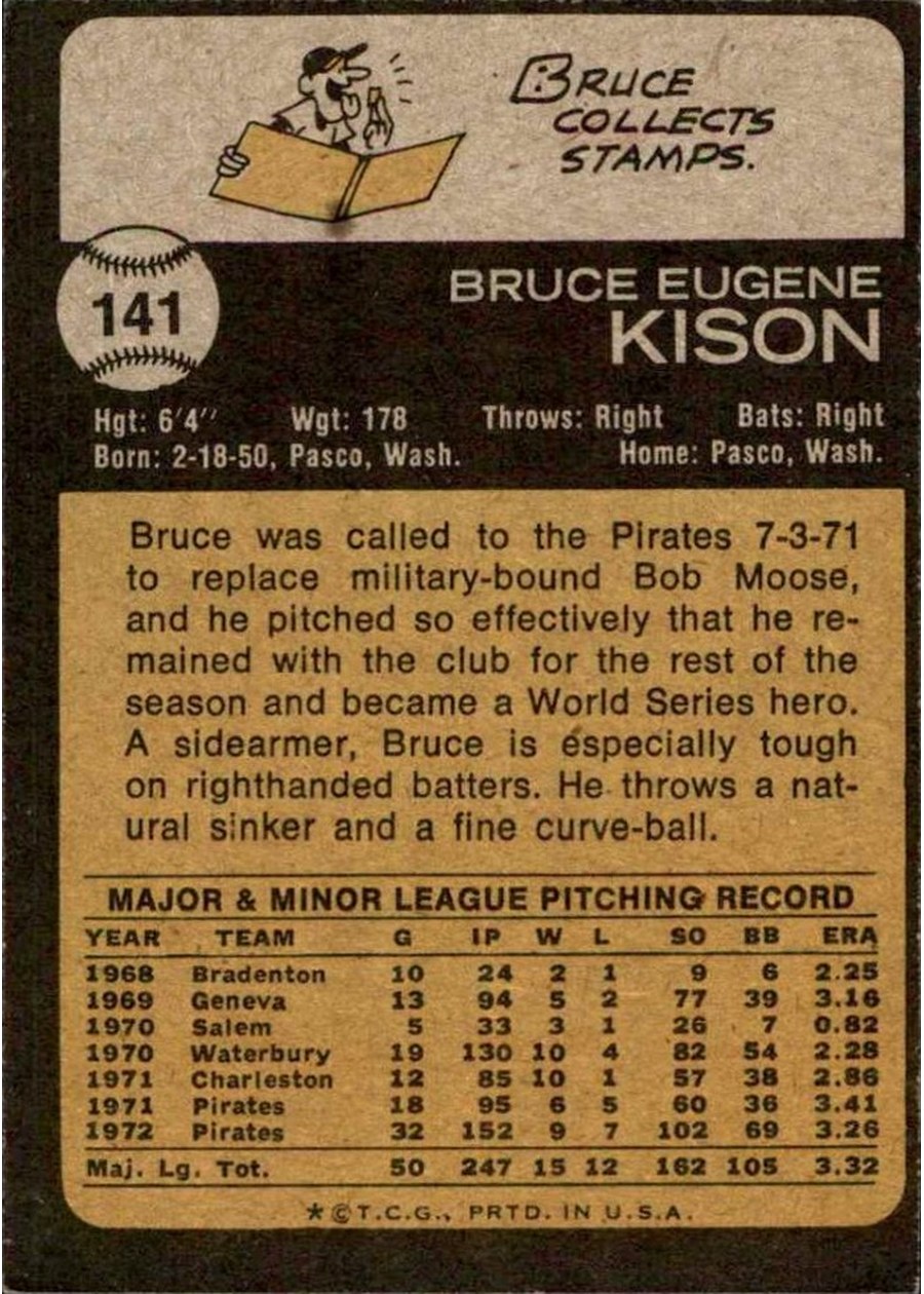 1973 Topps #141 Bruce Kison card back