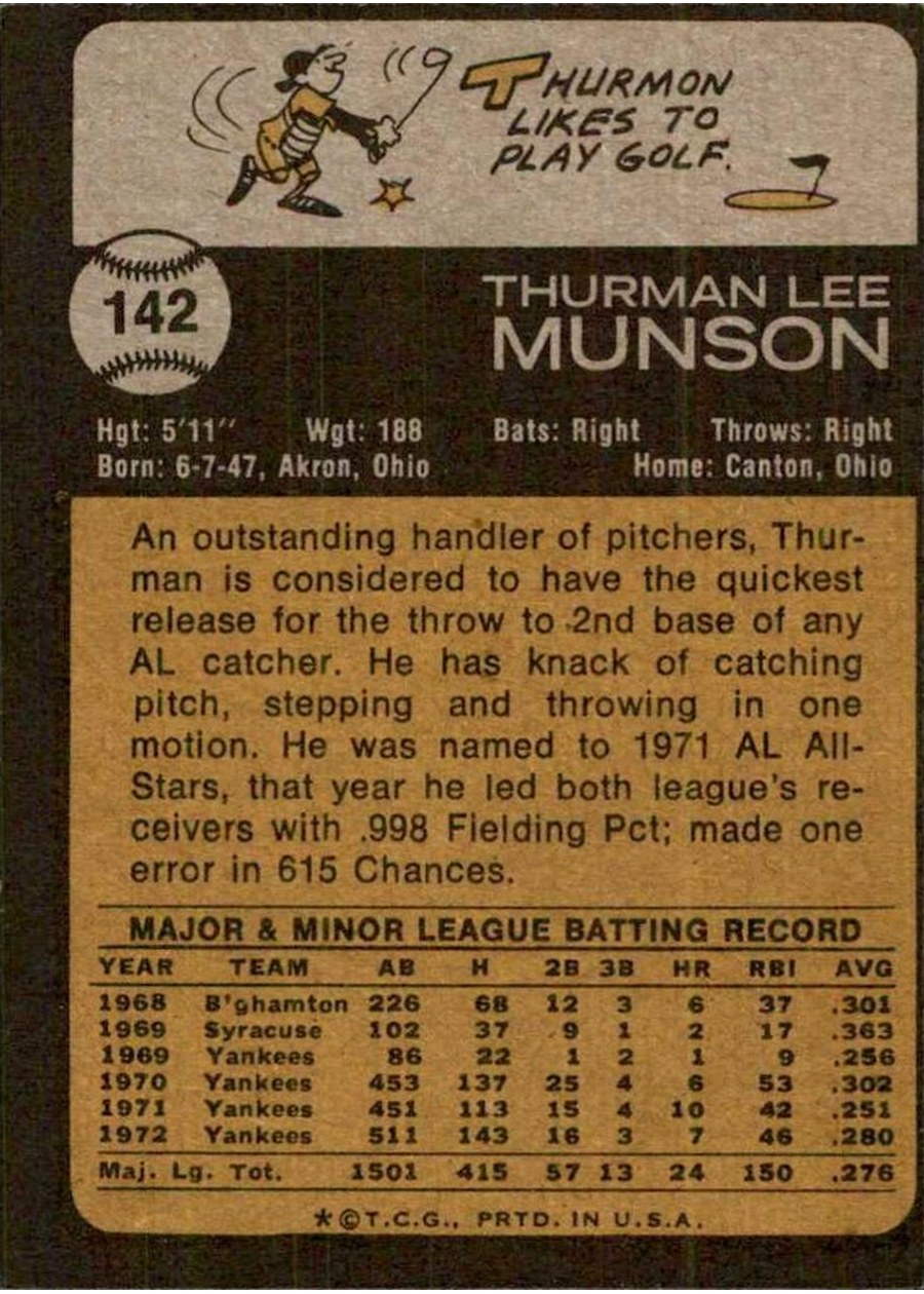 1973 Topps #142 Thurman Munson card back