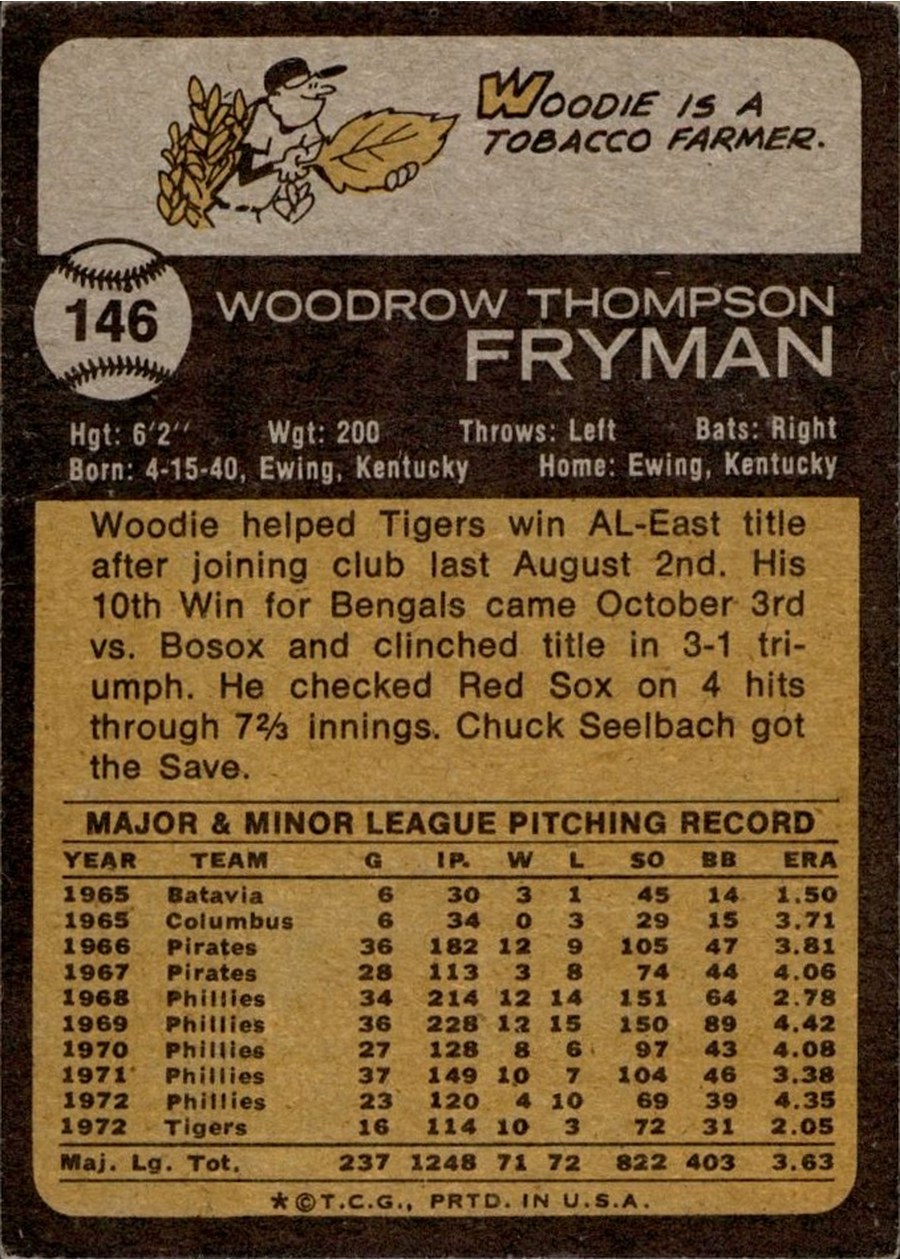 1973 Topps #146 Woodie Fryman card back