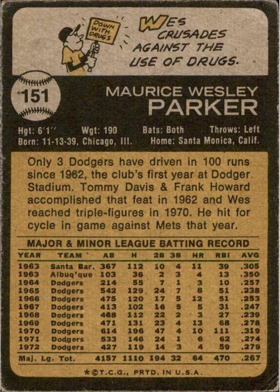 1973 Topps #151 Wes Parker card back