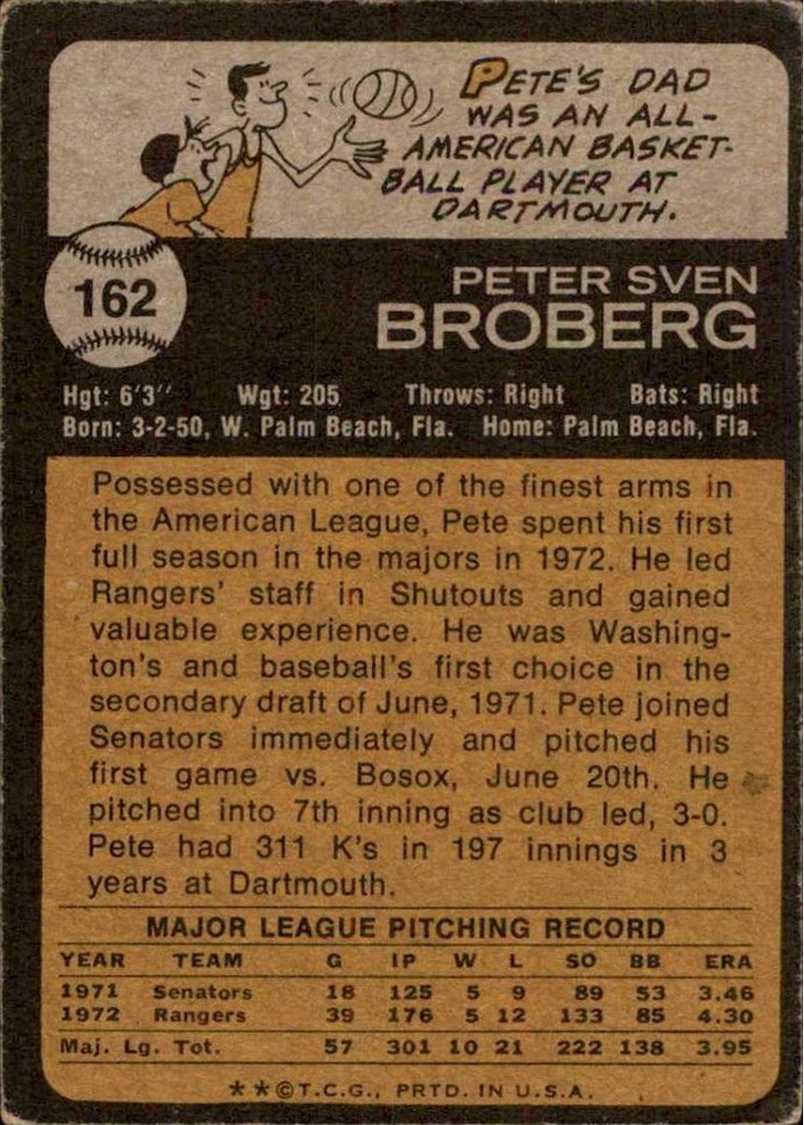 1973 Topps #162 Pete Broberg card back