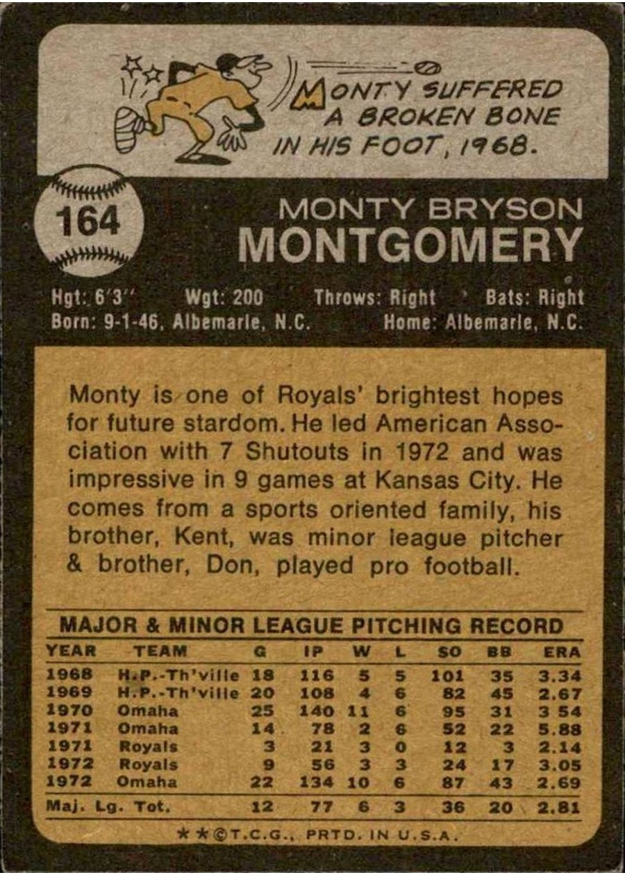 1973 Topps #164 Monty Montgomery card back