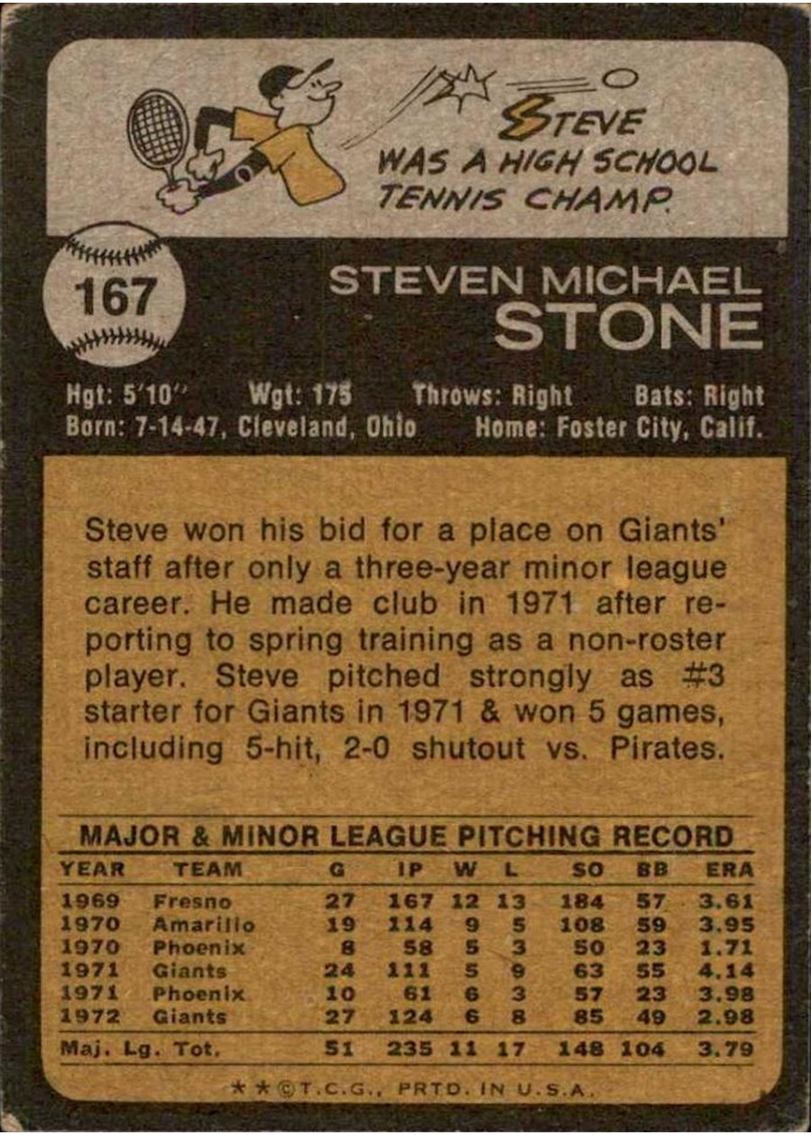 1973 Topps #167 Steve Stone card back