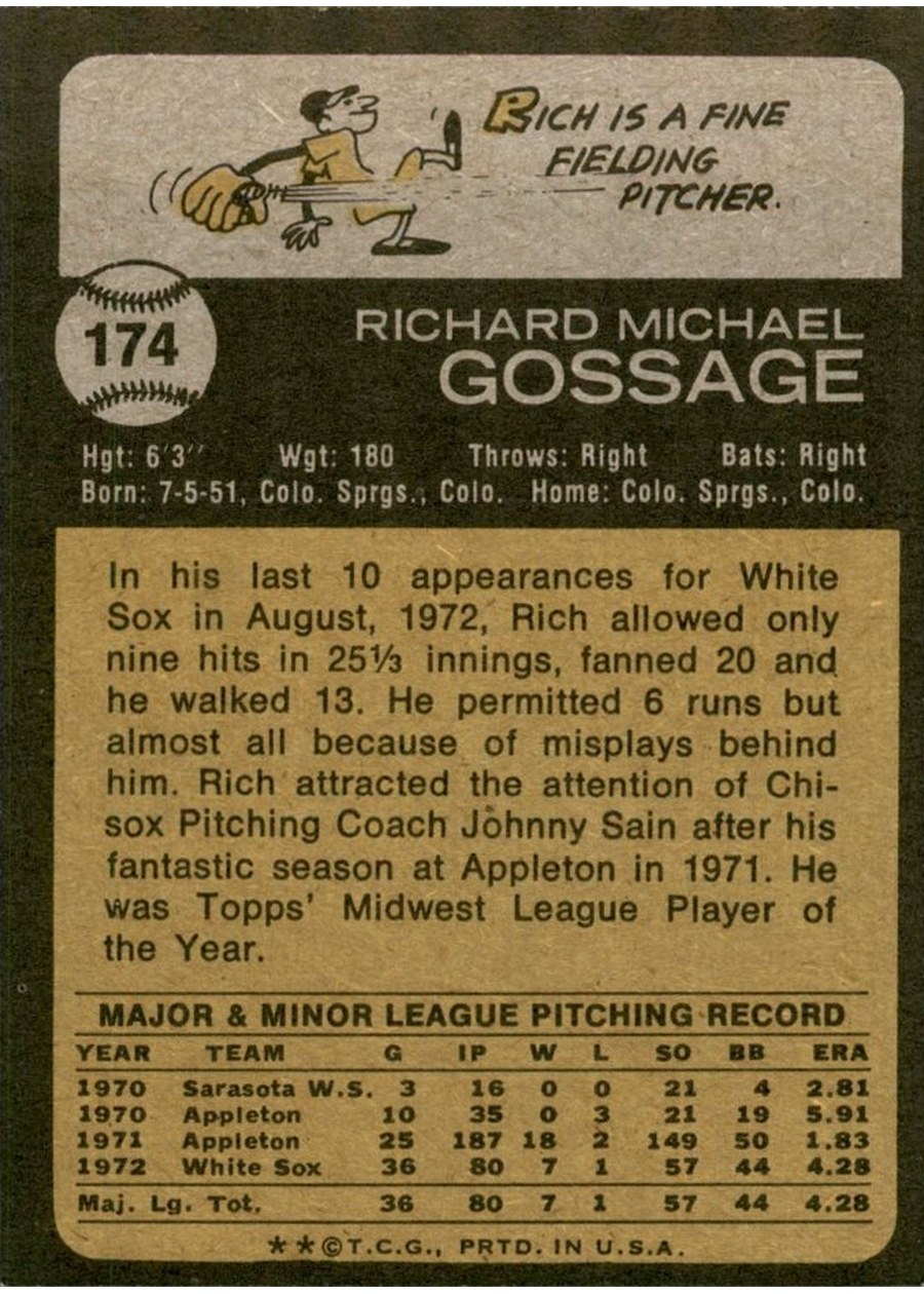 1973 Topps #174 Rich Gossage card back