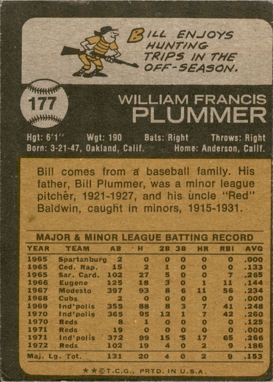 1973 Topps #177 Bill Plummer card back