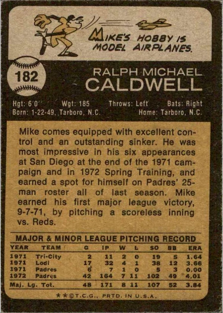 1973 Topps #182 Mike Caldwell card back