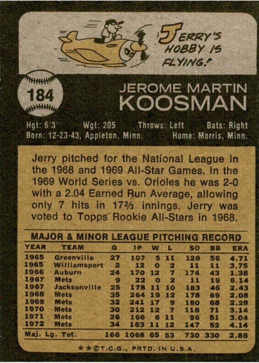 1973 Topps #184 Jerry Koosman card back