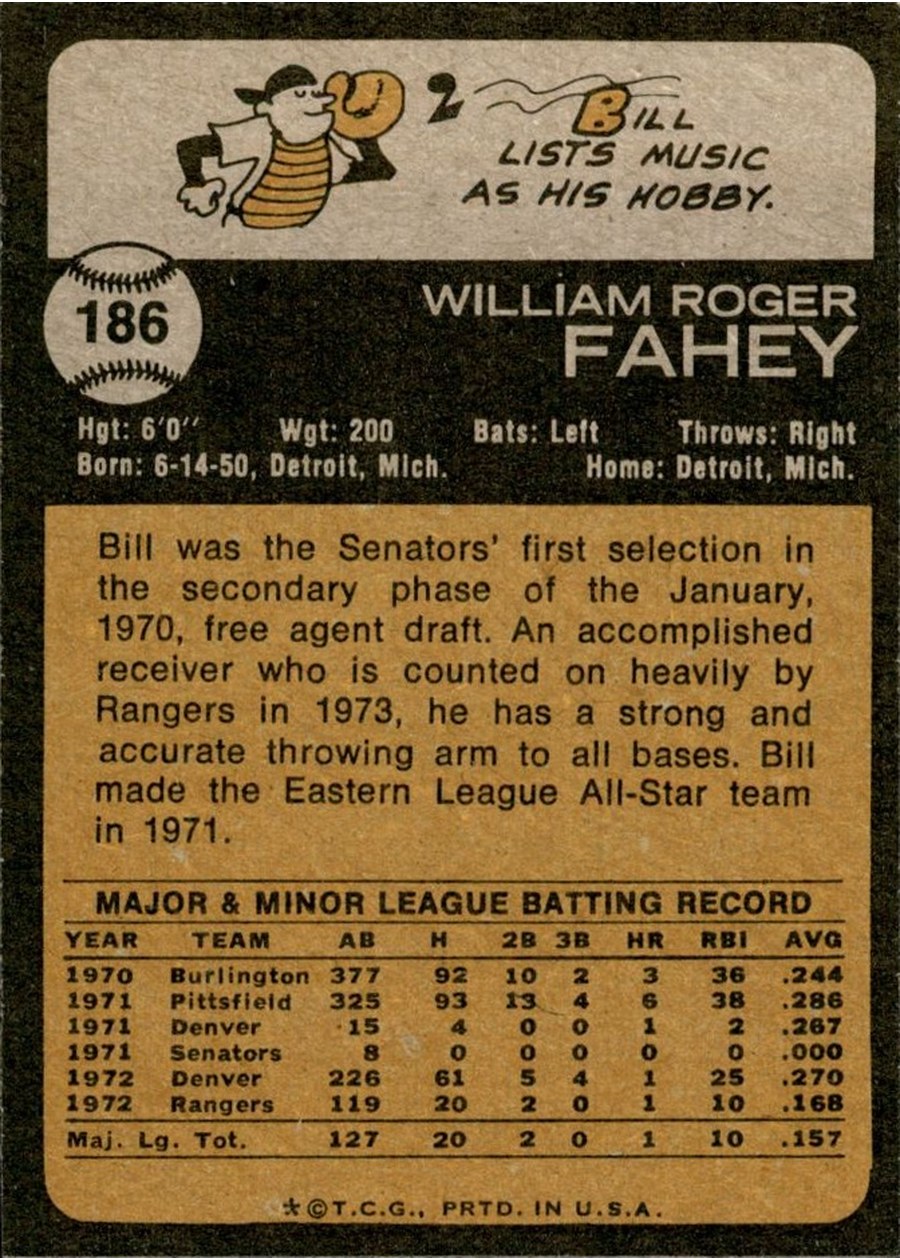 1973 Topps #186 Bill Fahey card back