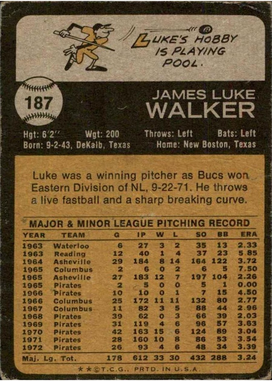 1973 Topps #187 Luke Walker card back