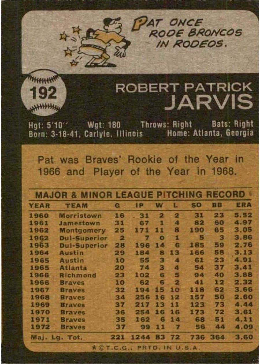 1973 Topps #192 Pat Jarvis card back