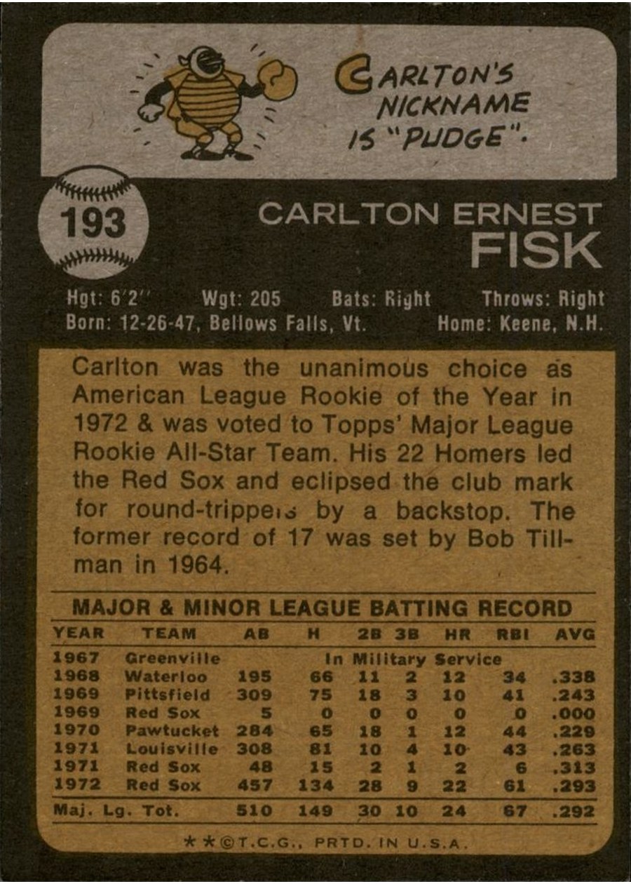 1973 Topps #193 Carlton Fisk card back