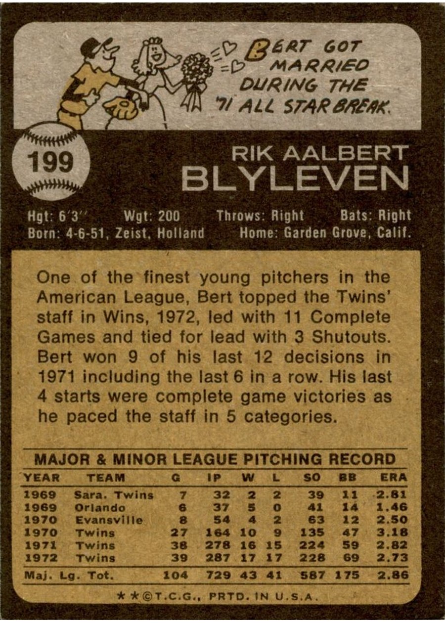 1973 Topps #199 Bert Blyleven card back