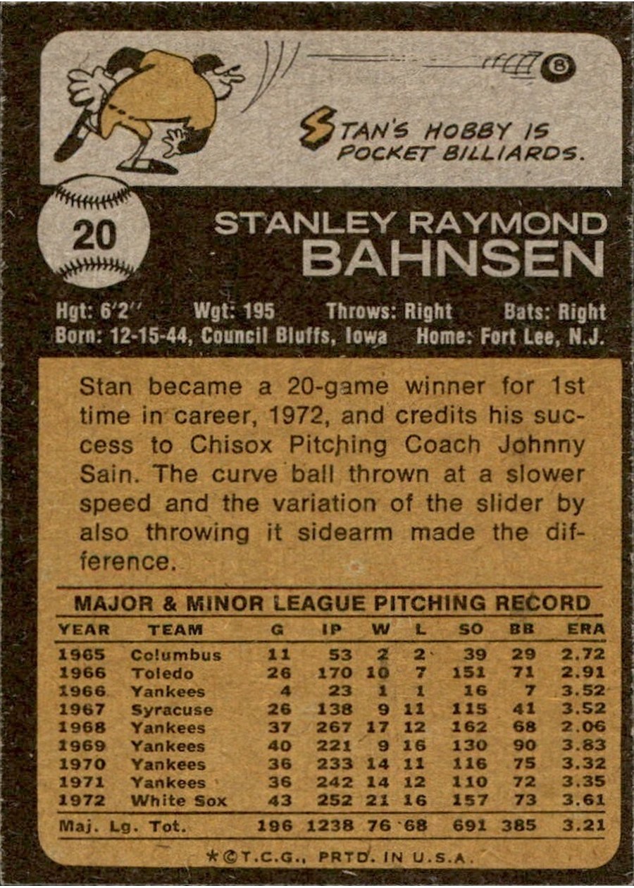 1973 Topps #20 Stan Bahnsen card back