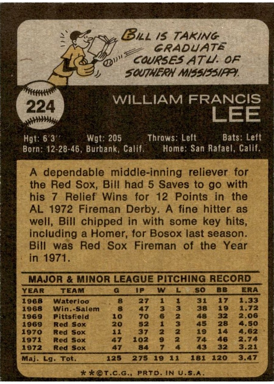 1973 Topps #224 Bill Lee card back
