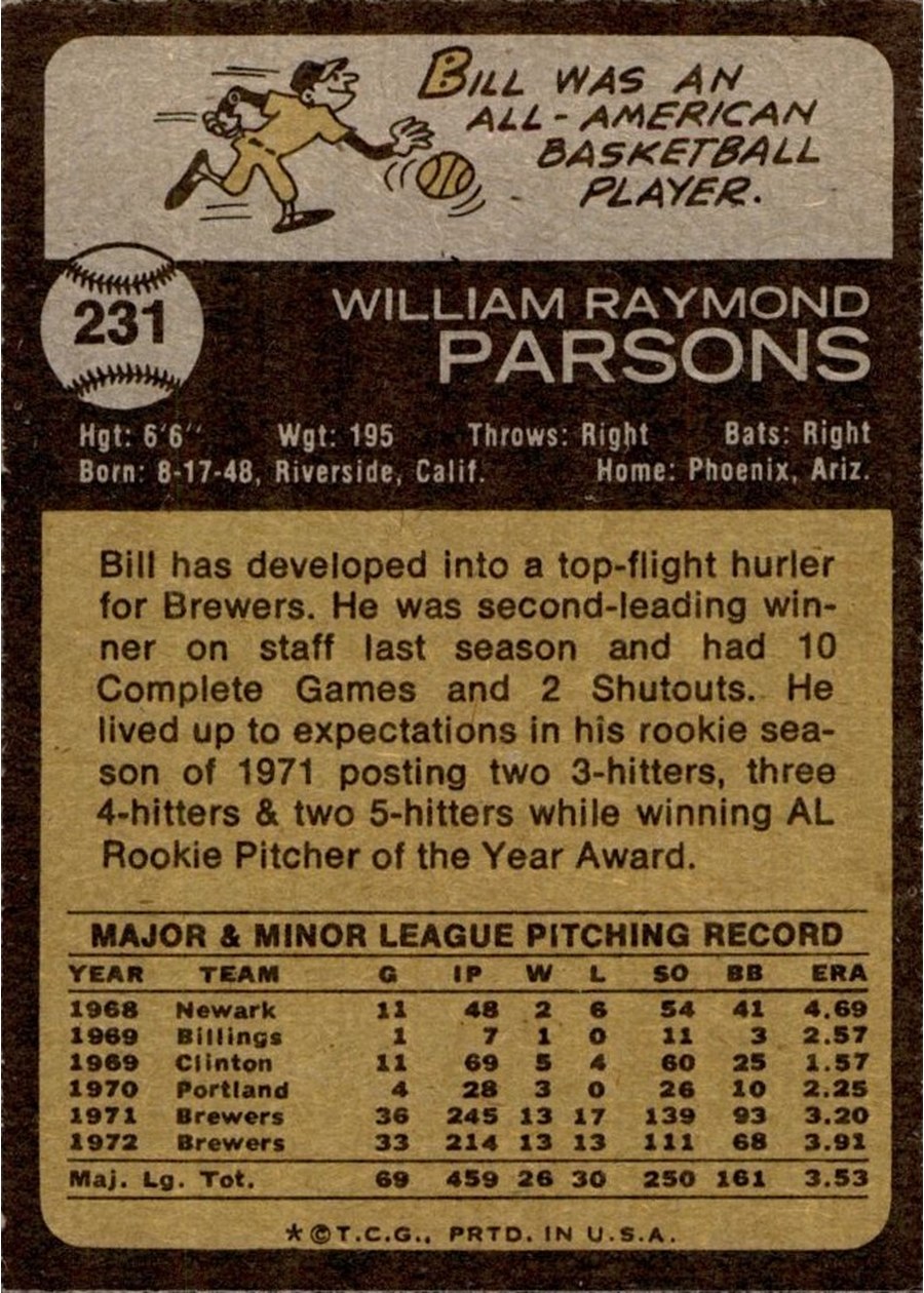 1973 Topps #231 Bill Parsons card back