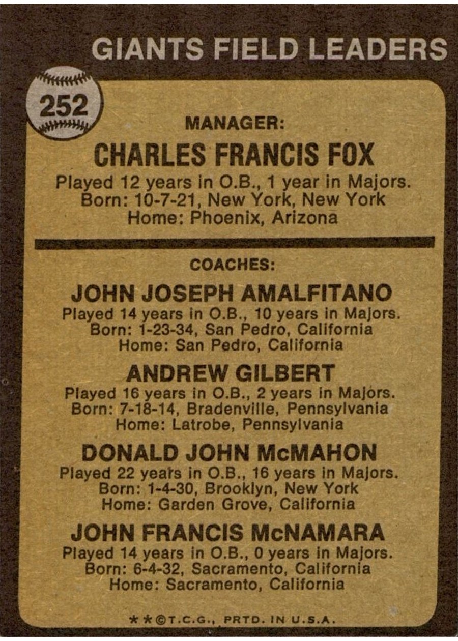1973 Topps #252 Giants Field Leaders card back